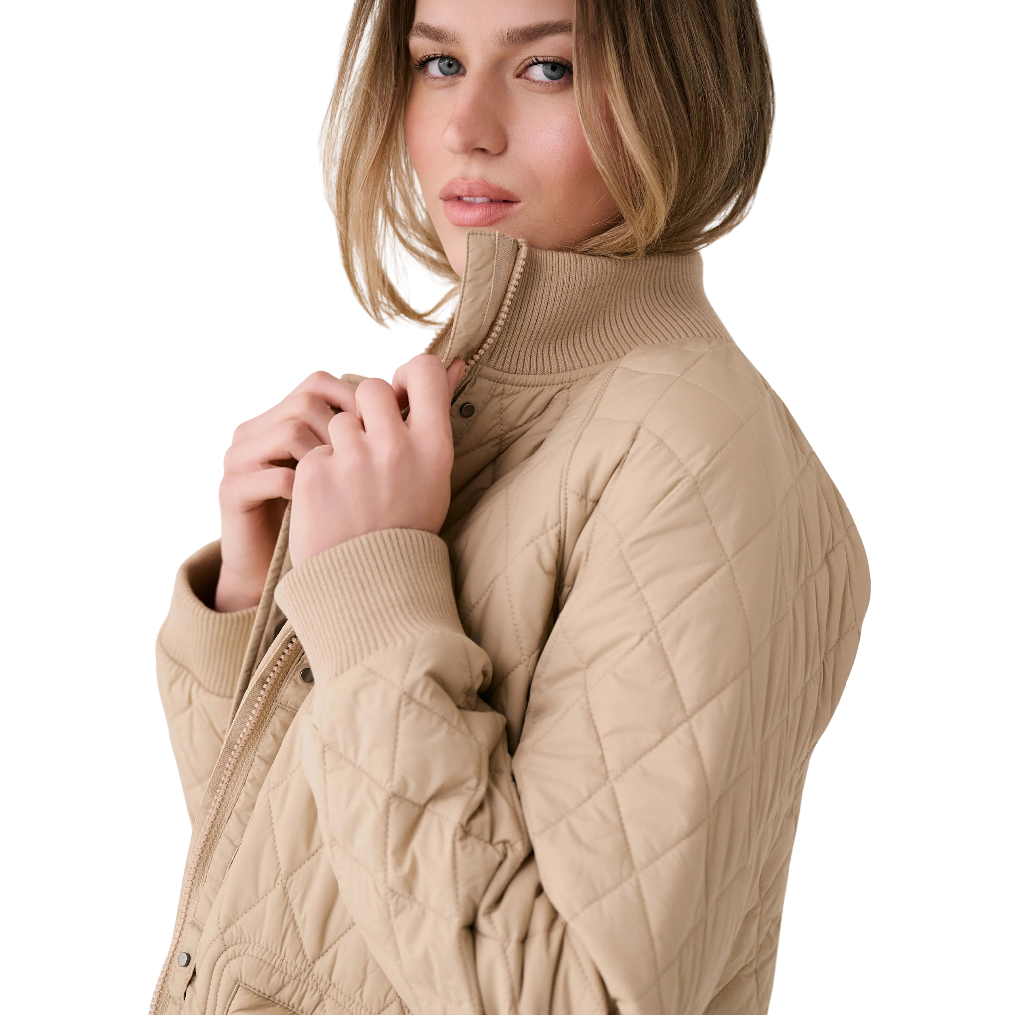 MANTEAU ISOLÉ LOLE FEMME 3/4 BOMBER COQUILLE DE SABLE LUW0891 E254 MAHEU GO SPORT DETAIL COL MANNEQUIN
