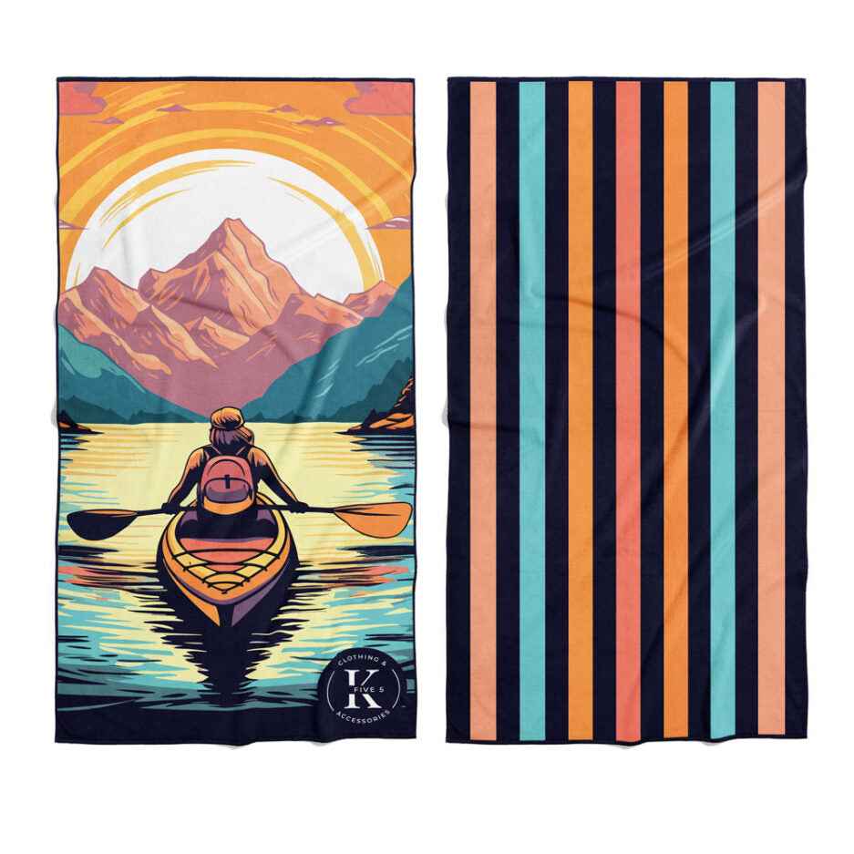SERVIETTE DE PLAGE EN MICROFIBRE, COUCHÉ DE SOLEIL EN KAYAK