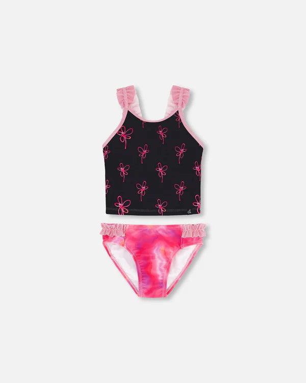 MAILLOT DE BAIN 2 PIÈCES FILLE, TOURBILLON DE FLEUR (2 À 6 ANS)