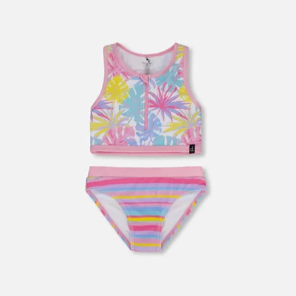 MAILLOT DE BAIN 2 PIÈCES FILLE, PALMIER PASTEL (7 À 12 ANS)