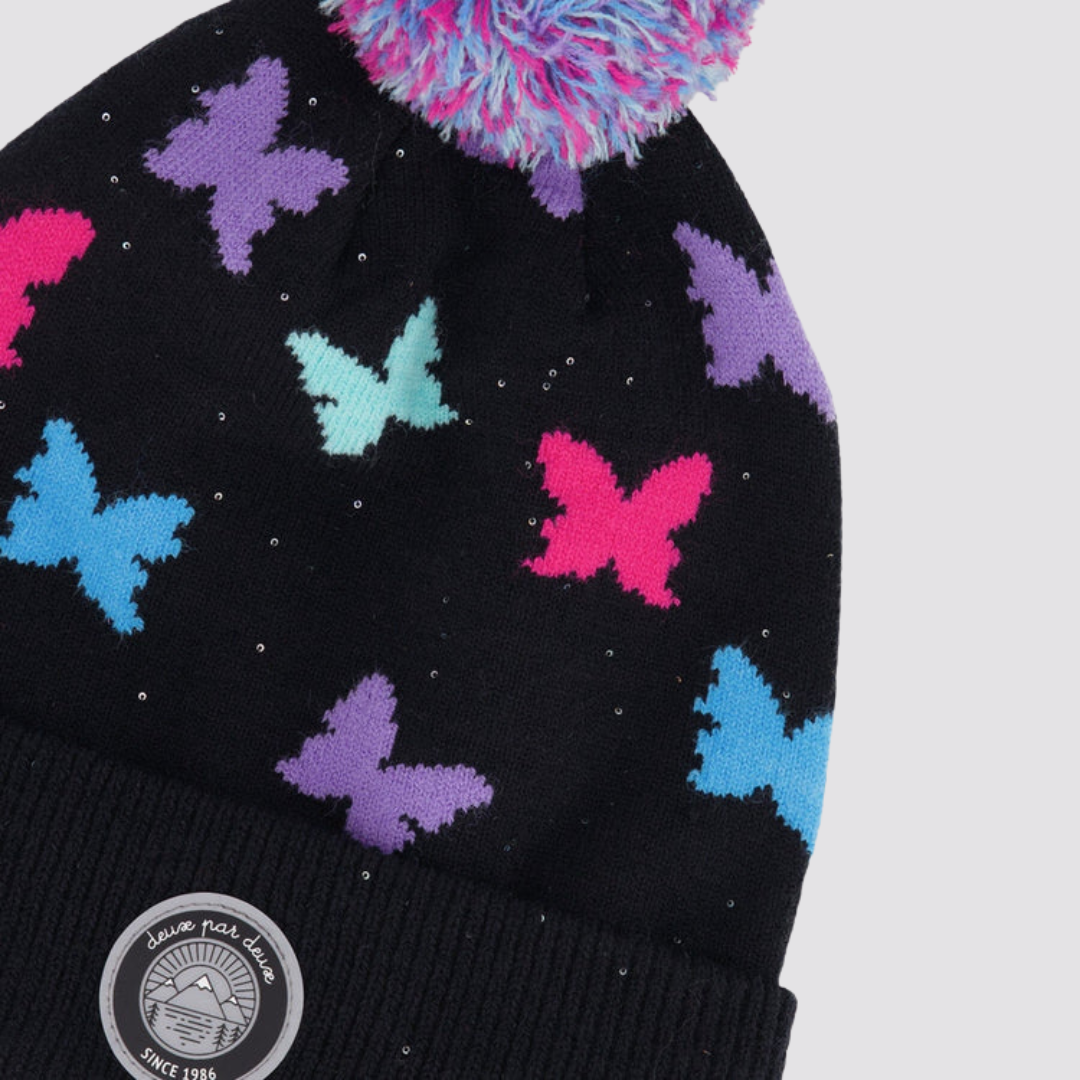 TUQUE DOUBLÉE POUR ENFANT, NOIR IMPRIMÉ PAPILLONS - Maheu Go Sport