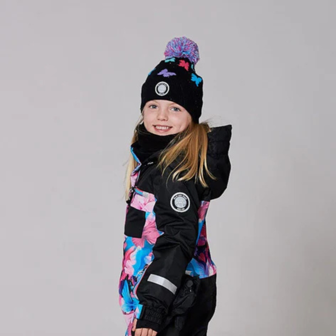 TUQUE DOUBLÉE POUR ENFANT, NOIR IMPRIMÉ PAPILLONS - Maheu Go Sport