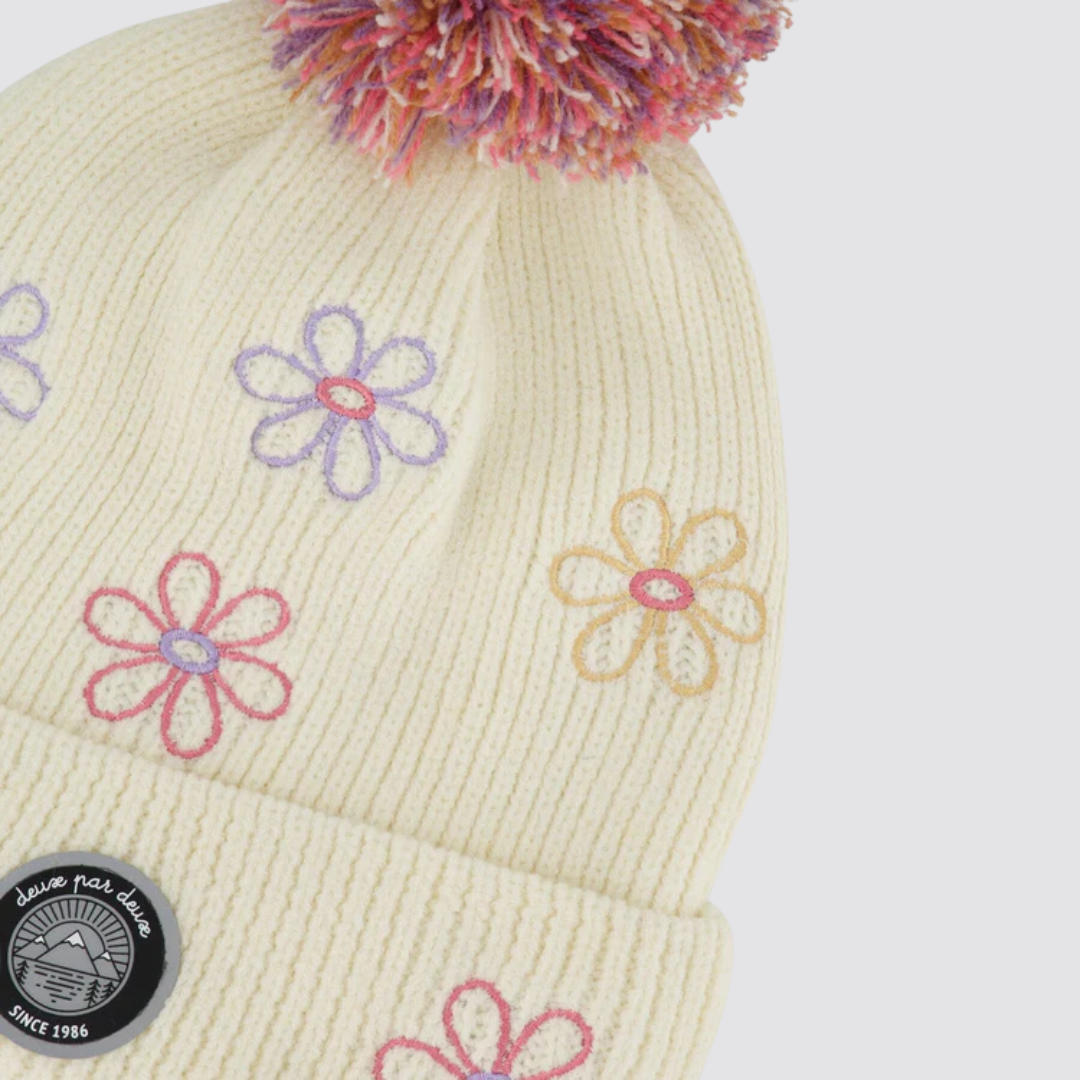 TUQUE DOUBLÉE POUR ENFANT, BLANC & FLEURS - Maheu Go Sport